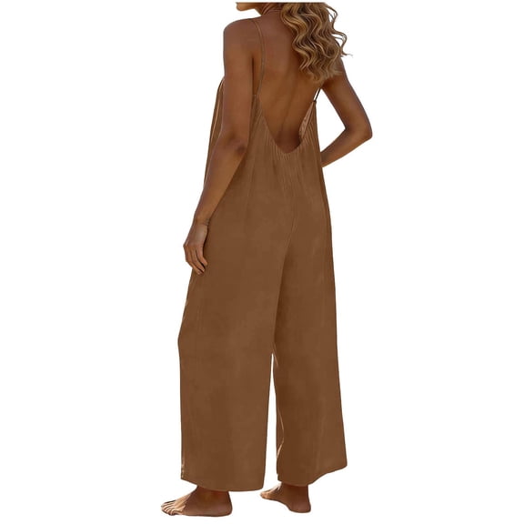 Hrsba Casual Jumpsuits for Women Solid Color Adjustable Spaghetti Strap Backless Pocket Long Jumpsuit