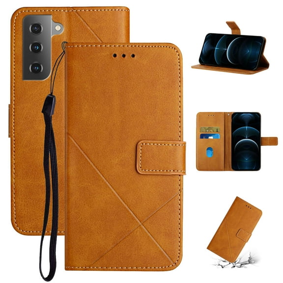 SaniMore for Samsung Galaxy S24 Wallet Case with Wrist Strap Magnetic Clasp, Card Slots PU Leather Skin Shockproof TPU Inner Anti-drop Flip Stand Business Shell Wear-resistant - Yellow