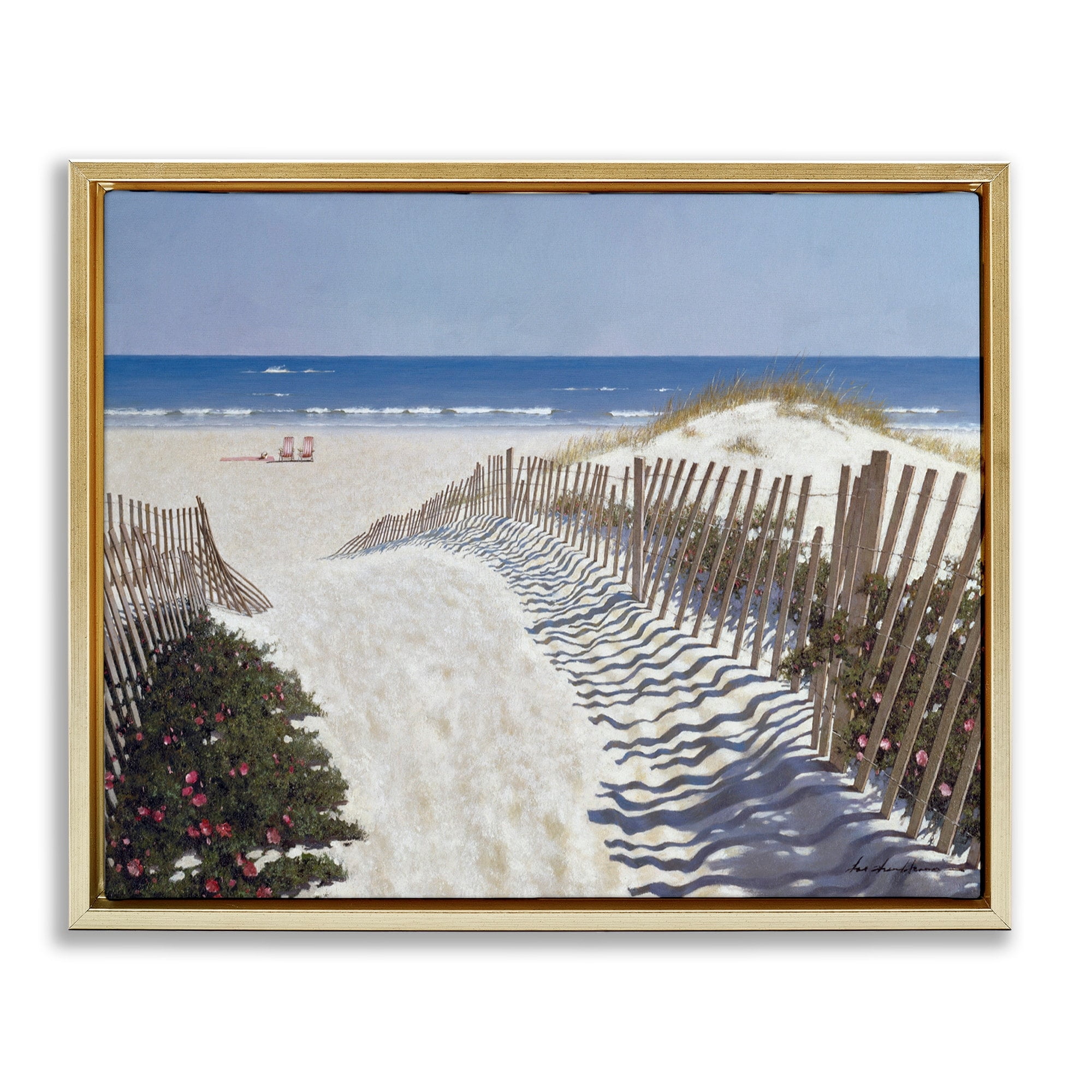 Stupell Industries Fenced Pathway to Beach Summer Nautical Painting Metallic Gold Framed Floating Canvas Wall Art, 24x30, by Zhen-Huan Lu