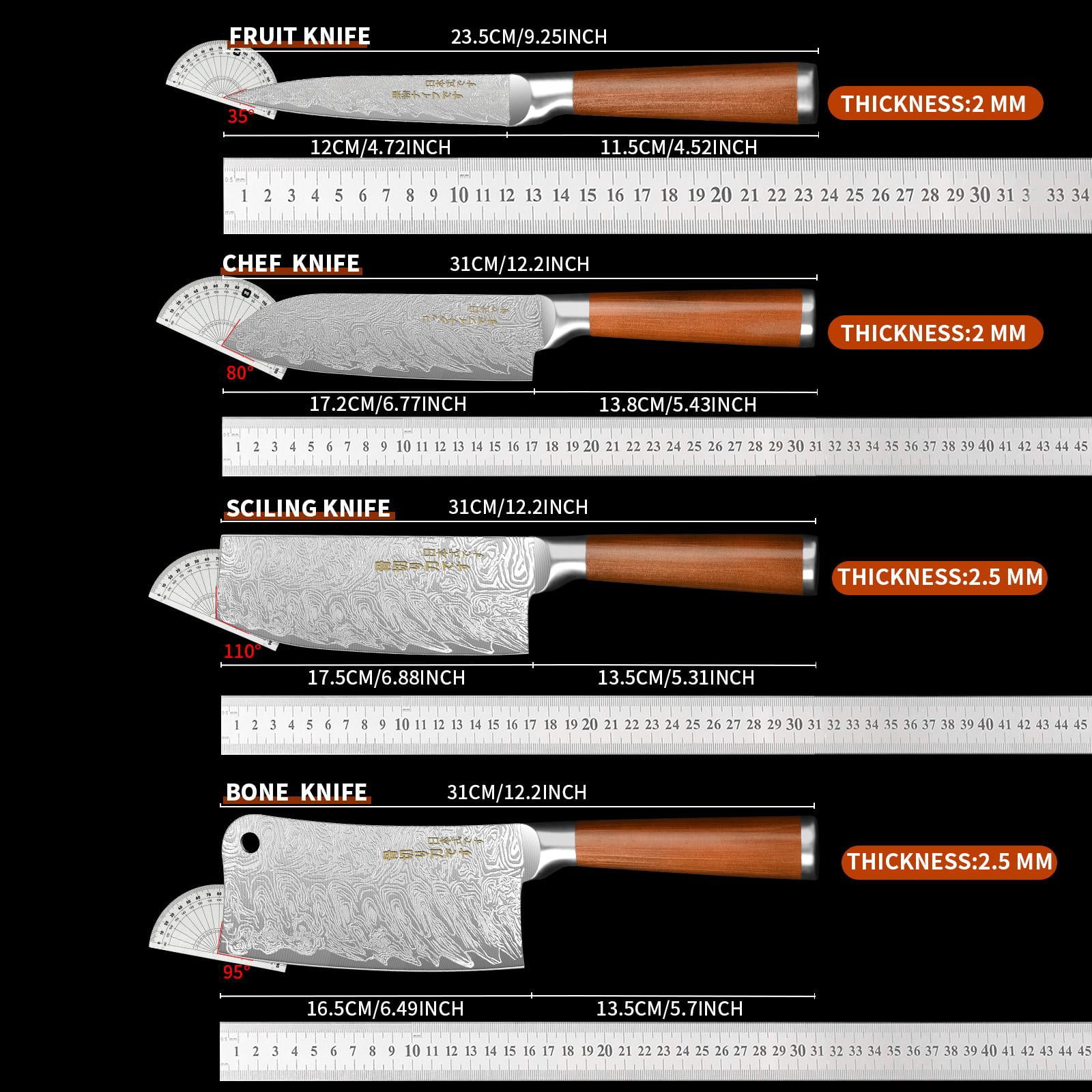 4pcs Japanese All Steel Kitchen Knives Block Set, Sharp Blade Chef Knife with Imitation Wooden Handle, Professional Cutting Tool for Bone, Meat, Fish, Vegetables. Ideal Chef Christmas Gift.