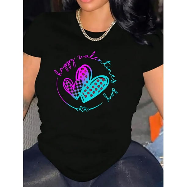 1pc Women'S Fashion Gradient Heart Print T-Shirt, Casual Crew Neck Short Sleeve Top, Polyester Knit Fabric with Medium Stretch, All-Season Comfort Fit Tee