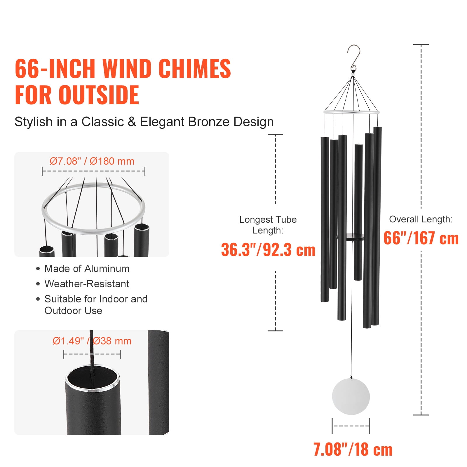 KFFKFF Outdoor Wind Chimes, 66 inches, Richly Toned Wind Chimes with 6 Tubes, Distinctive Large Commemorative Wind Chimes for Anniversary, Remarkable Exterior Adornment for Your Patio,Backyard, Black