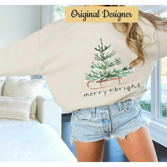 Christmas Sweatshirt, Merry and Bright Hooded Sweatshirt, Christmas Tree Crewneck Sweater