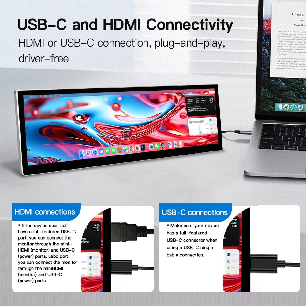 14.5 Inch 2.5K Portable Long Strip Touchscreen QHD 2560×720 IPS 10-Point Capacitive Touch Monitor HDMI & USB-C External Screen with Built-in Stereo Speakers Plug & Play for Laptop Raspberry Pi 5 Wind