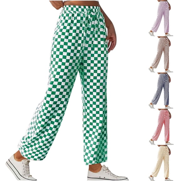 Lovzfmll Women's Travel Pants, Gingham Straight Leg Casual Loose Pants, Full Length Lightweight Trousers for Fall 2025 Outfits