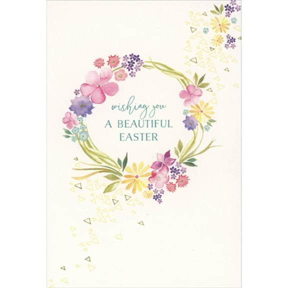 Pictura Simple Watercolor Floral Wreath with Floating Gold Foil Triangles Easter Card