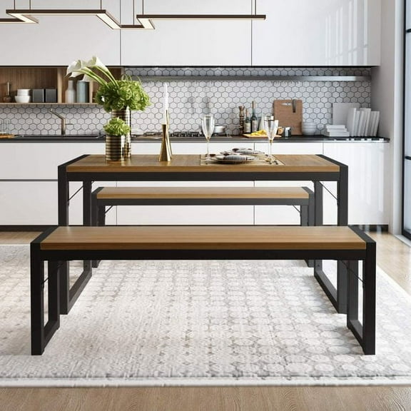 Amolife 3-Piece Modern Industrial Dining Table Set with Benches, Multiple Colors