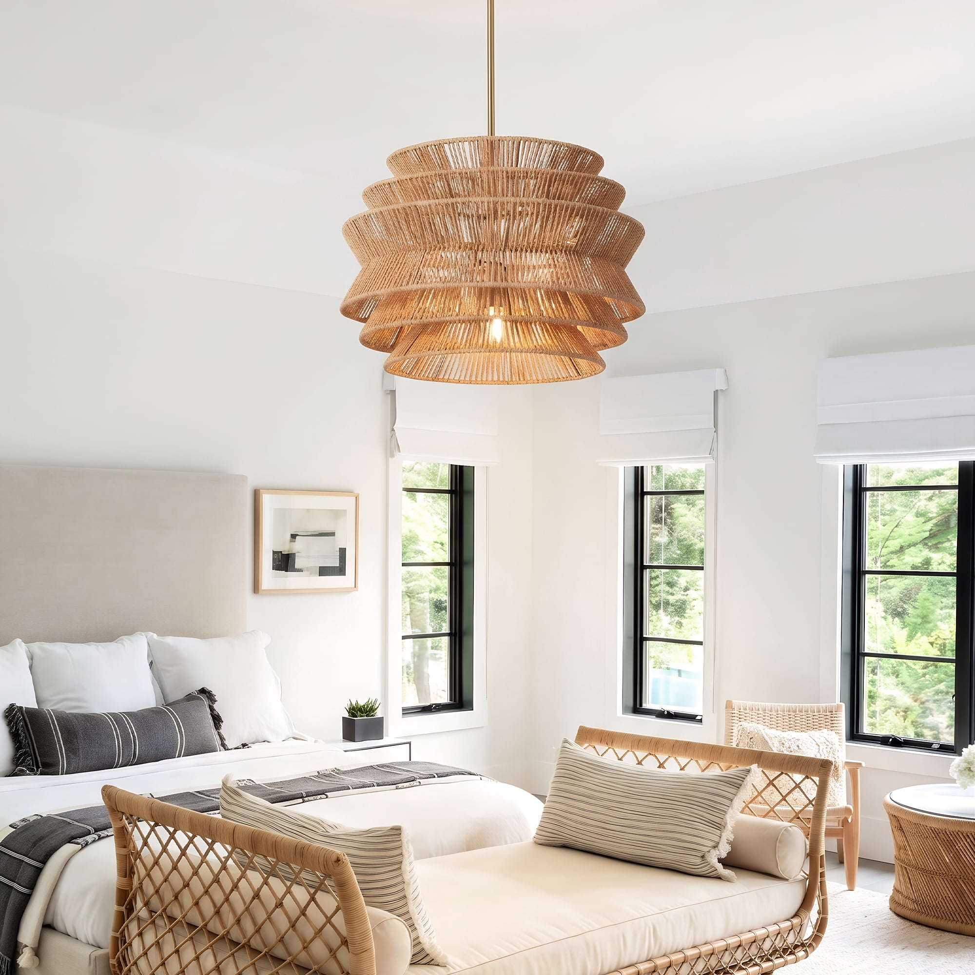 Leumius 17.3" Rattan Pendant Light, Hand-Woven Rustic Wicker Hanging Light Seagrass Ceiling Chandelier, Water Plants Rattan Chandelier for Dining Living Bedroom Kitchen
