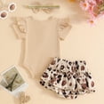 thumbnail image 4 of NOLDARES Infant Newborn Baby Girl Romper Jumpsuit 3 Piece Set Clothes Ruffle Sleeve Shorts Headband Summer Bow(Khaki,3-6 M), 4 of 8