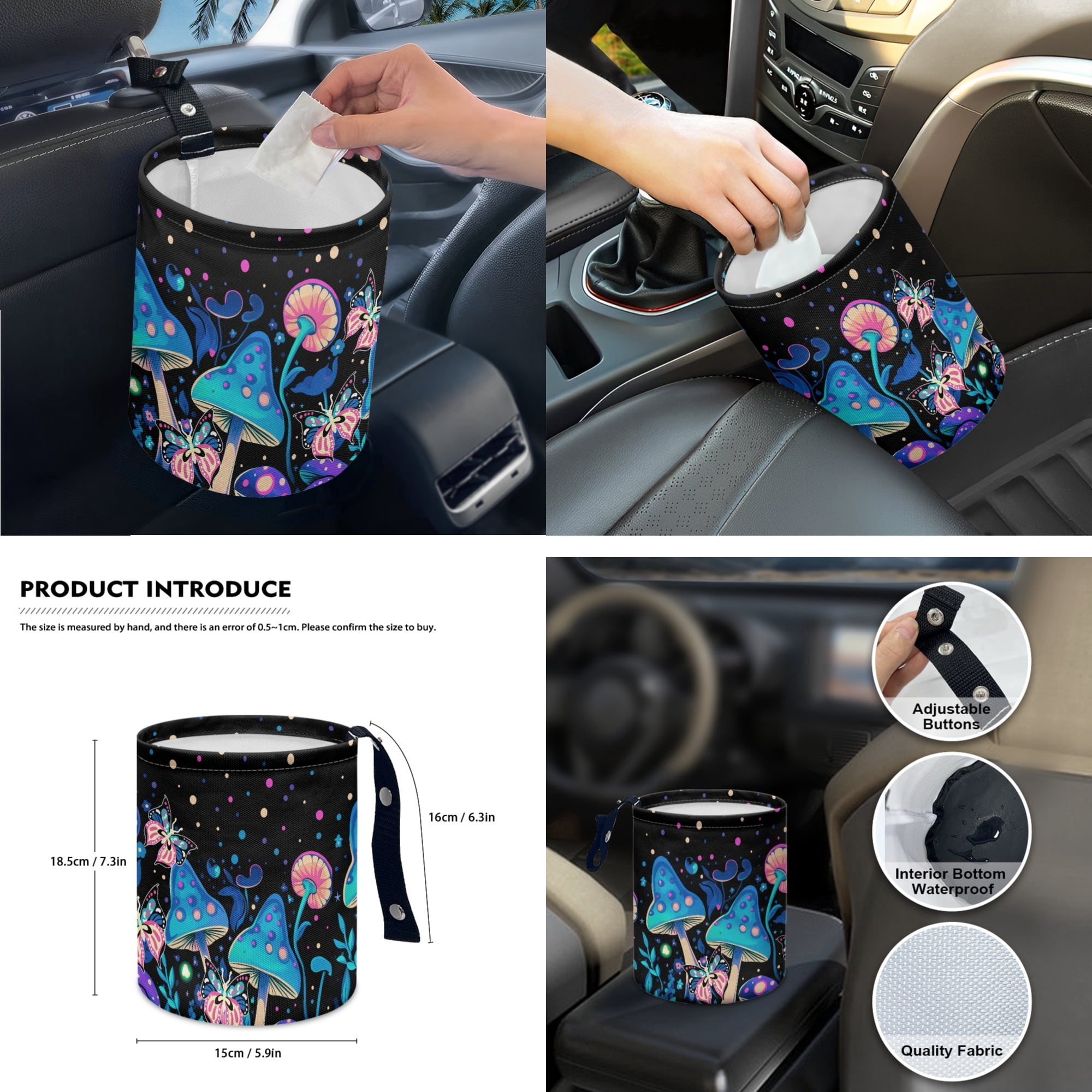 Yuyamidu Blue Mushroom Car Front Back Seat Covers Butterfly Steering Wheel Cover Seat Belt Pad Garbage Bin Armrest Cover Pad Rearview Mirror Cover Handbrake Cover Set Coasters, Set of 14