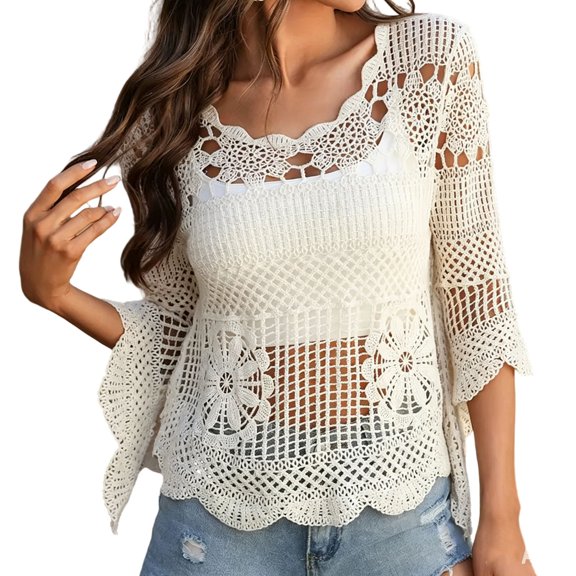 Kcolen Plus Size Cover Ups for Swimwear Women Summer Hollow Long Sleeve Knit Top Bohemian Bikini Cover Up Beach Tunic Dress