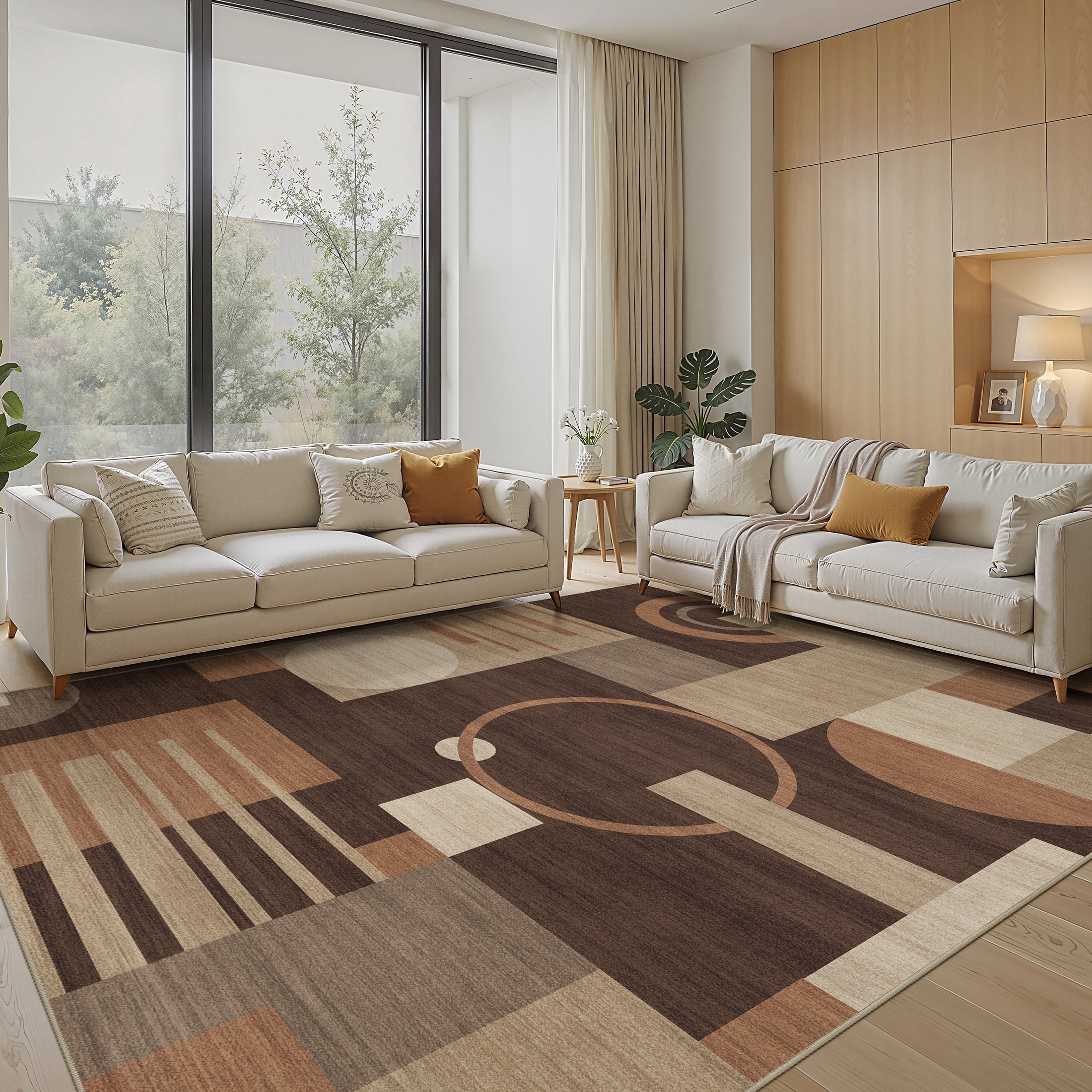MICGEEK 8x10 Washable Area Rugs for Living Room, Modern Geometric Printed Rug, Vacuum-Friendly, Non Slip Indoor Rug for Bedroom Dining Room Home Decor Carpet, Brown/Beige