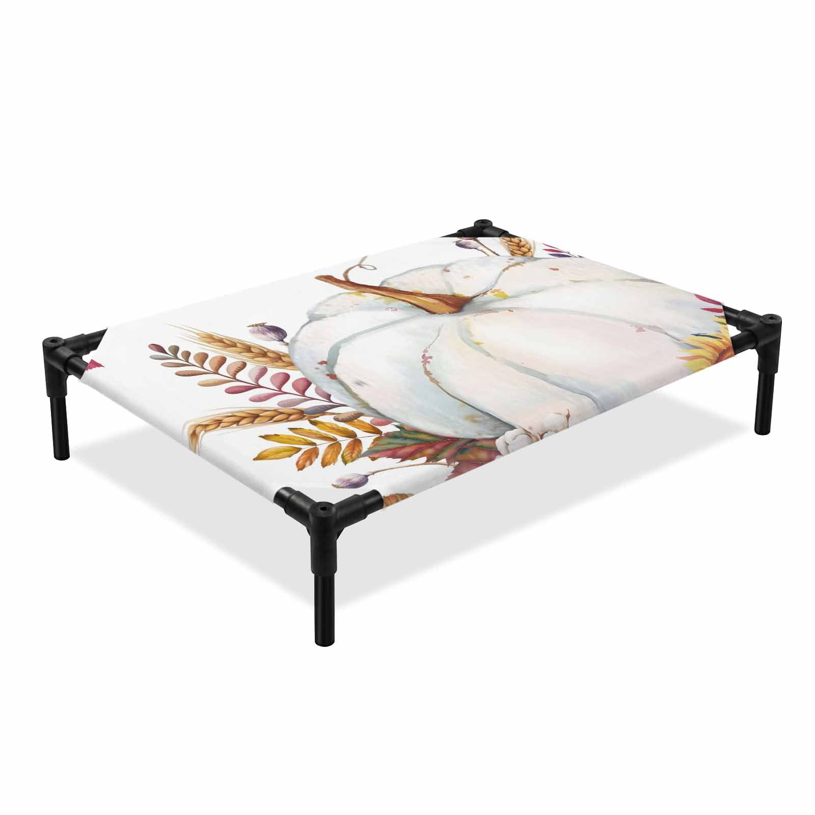 White Pumpkin Elevated Dog Bed Sunflower Fall Leaf Cotton Thanksgiving Cooling Breathable Outdoor Raised Dog Cot Bed with Metal Frame Non-Slip Feet for Medium Dog 24x20in