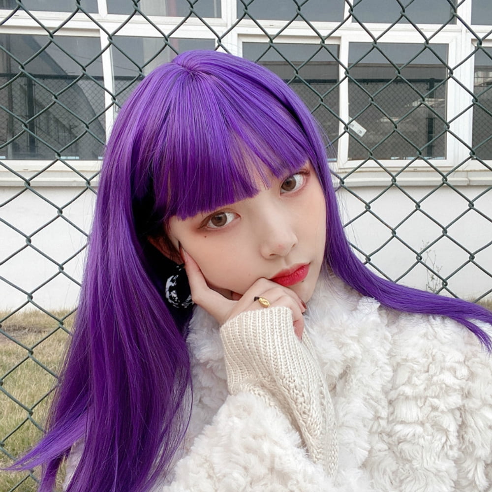 Purple Wig Medium Long Hair Comic Bangs Clavicle Hair Purple