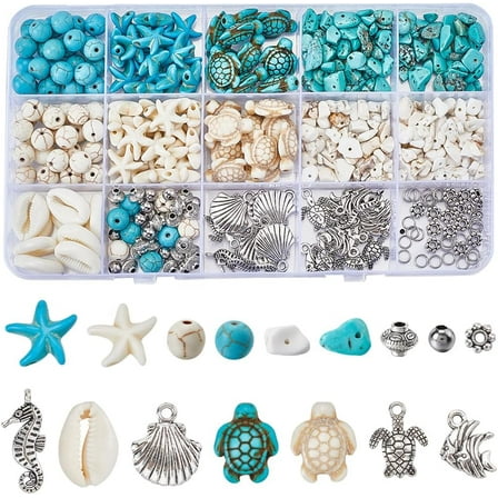 1 Box 224Pcs Ocean Bead Kit Summer Sea Turtle Beads Starfish Bead Fish Shell Seahorse Charms Sealife Charm Chip Stone Bead Lucky Turquoise Beads Kits Adults DIY Supplies