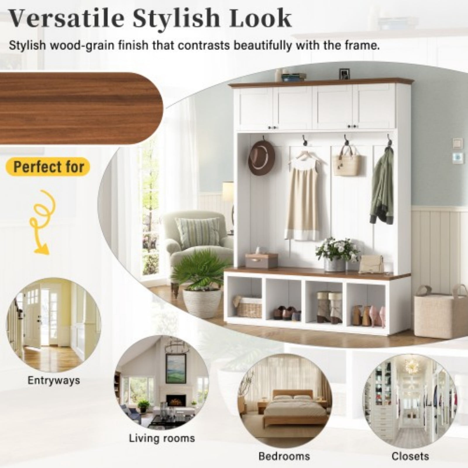 59" Farmhouse Entryway Hall Tree with Bench, 4-in-1 Coat Rack Shoe Storage with 4 Cabinets & Open Compartments, Wood-Grain Hall Tree Organizer with Hooks for Hallway Entryway, White