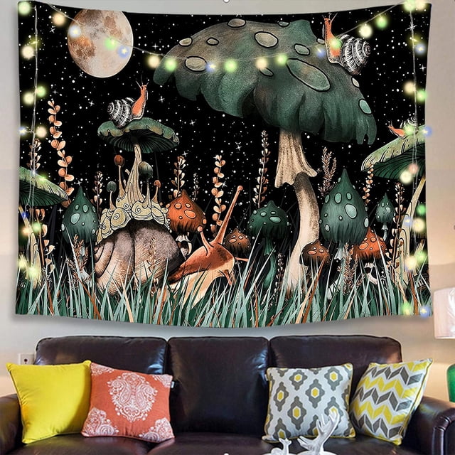 Tapiz de setas Tapiz de luna y plantas Tapiz de caracol Trippy Tapices Tapiz estético de fantasía para colgar en la pared para dormitorio Verde, 60"×80"(150x130) TUNC Sencillez