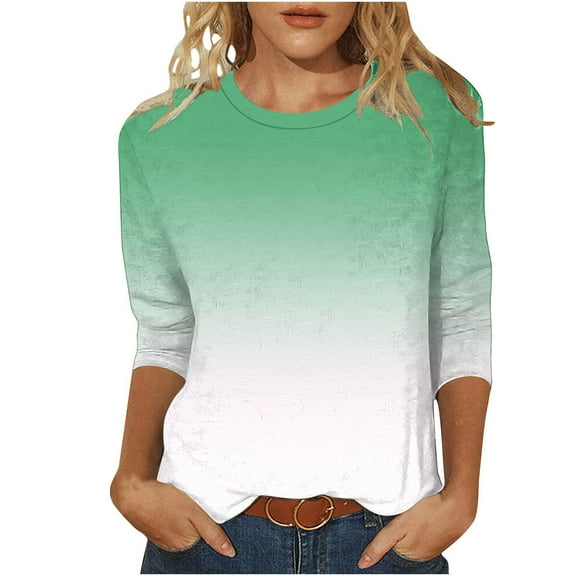 aidice 3/4 Length Sleeve Womens Tops Casual Round Neck Fitting Tee Shirts Comfy Gradient Color Shirts