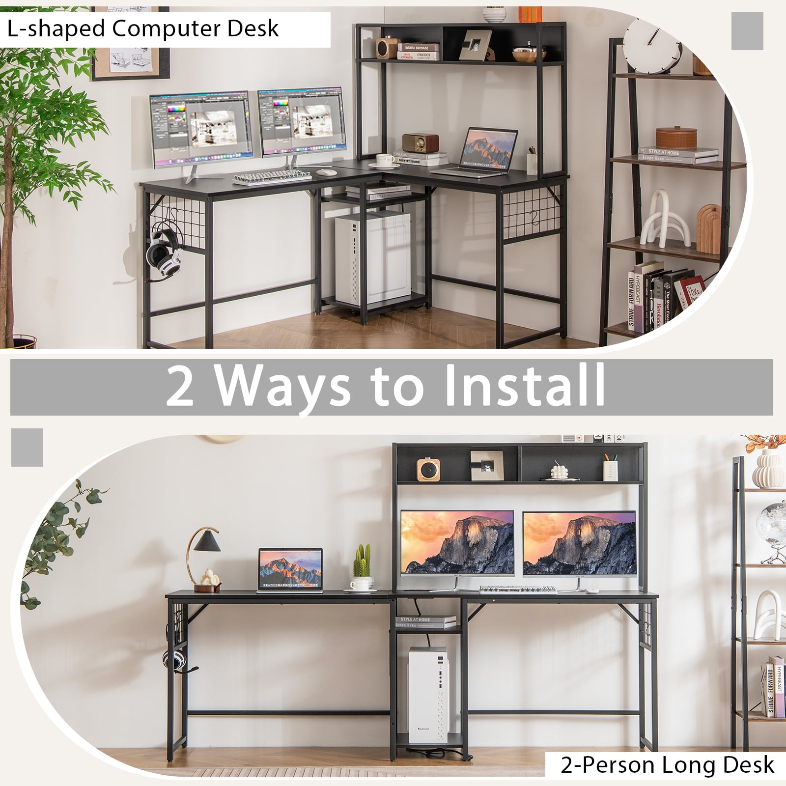 Giantex L Shaped Desk, Sturdy Computer Desk w/ Power Outlet, Long Corner Desk Home Office Table, Black