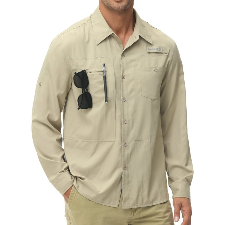 Pdbokew Men's Sun Protection Fishing Shirts Long Sleeve Travel Work Shirts  for Men UPF50+ Button Down Shirts with Zipper Pockets Khaki 2XL
