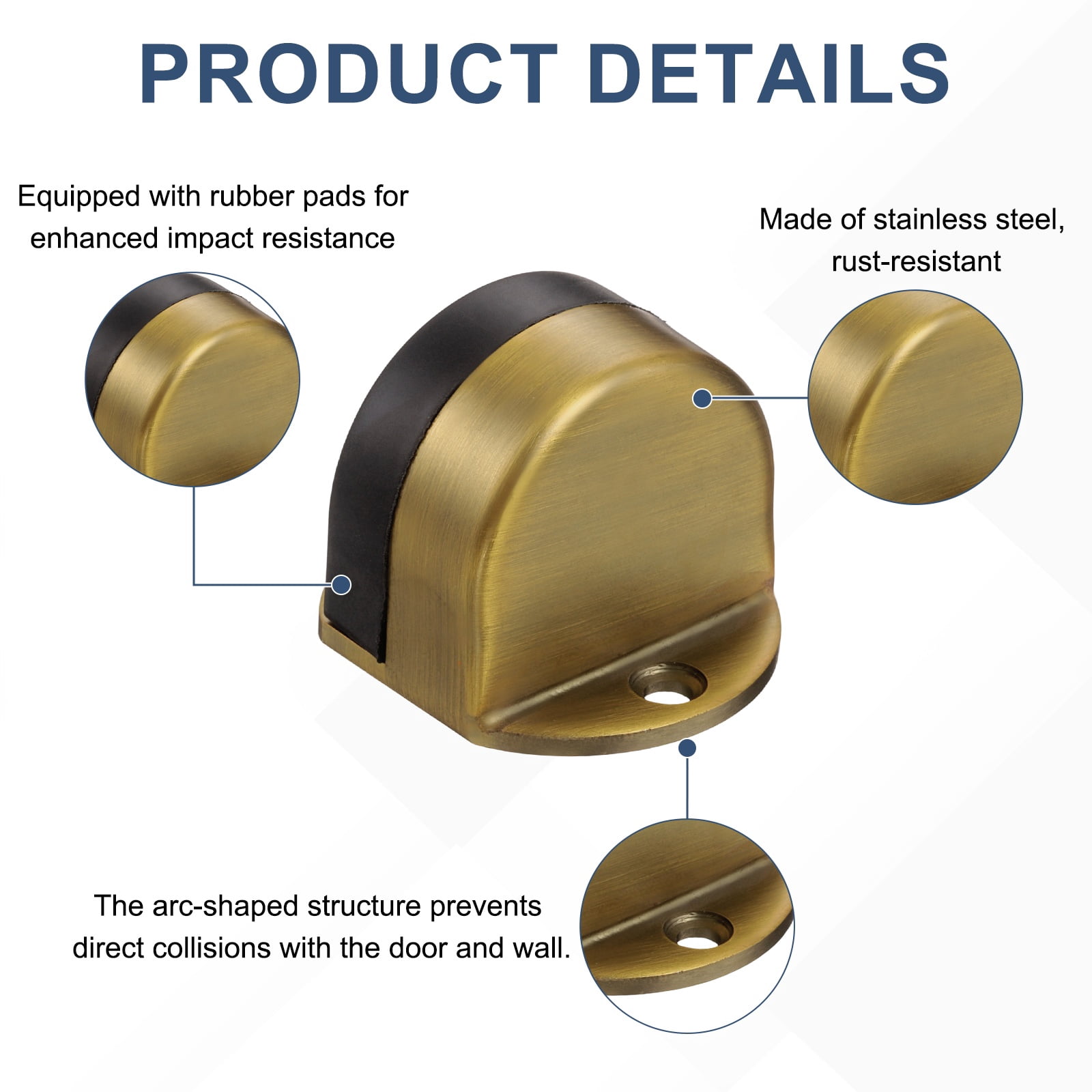 Uxcell 4 Pack Low Dome Floor Door Stop, 1.5" H x 1.65" W Stainless Steel Door Stopper, Rubber Bumper Wall Protector with Screws&Adhesive Tape for Bedroom Bathroom Office, Brass Tone