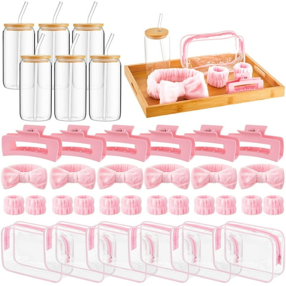 FoldTier 36 Pcs Accessoires de Soirée Spa Incluent Tasses en Verre de 16oz avec Couvercles et Pailles en Bambou, Bandeaux Roses, Bracelets, Pinces à Cheveux et Transparents