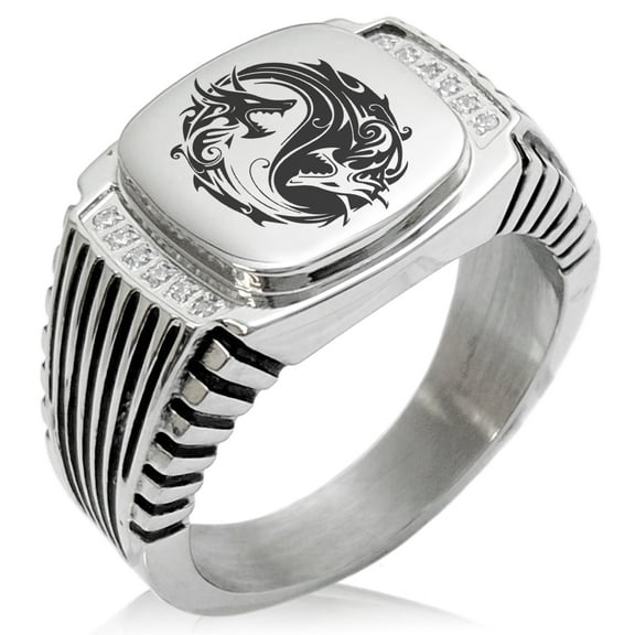 Stainless Steel Tribal Dragon Yin Yang CZ Ribbed Needle Stripe Pattern Biker Style Polished Ring
