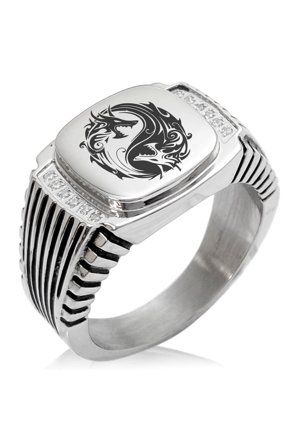 Stainless Steel Tribal Dragon Yin Yang CZ Ribbed Needle Stripe Pattern Biker Style Polished Ring
