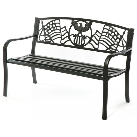 Steel Outdoor Patio Garden Park Seating Bench with Cast Iron Patriotic American Flag and Eagle Backrest, Front Porch