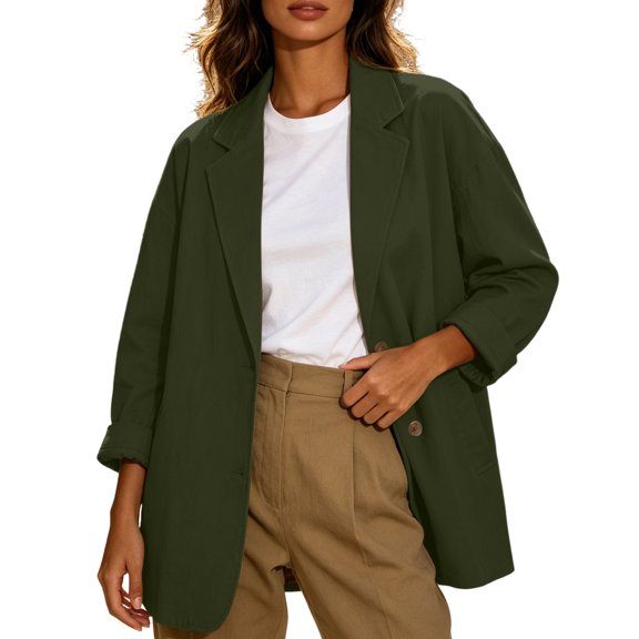 Ghalytn Women Notched Lapel Oversized Blazer Two Button Roll Up Long Sleeve Side Pocket Casual Outer Jacket