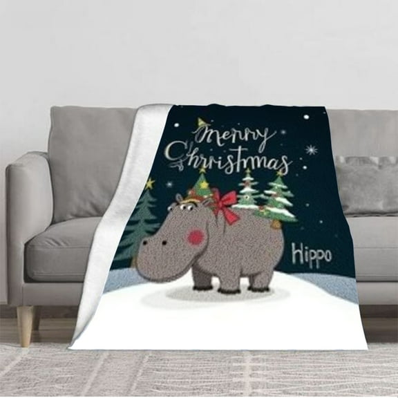 Cozy Flannel Blanket with Festive Hippo Design - Perfect for Christmas Soft & Warm for Sofa Travel Bed or Chair