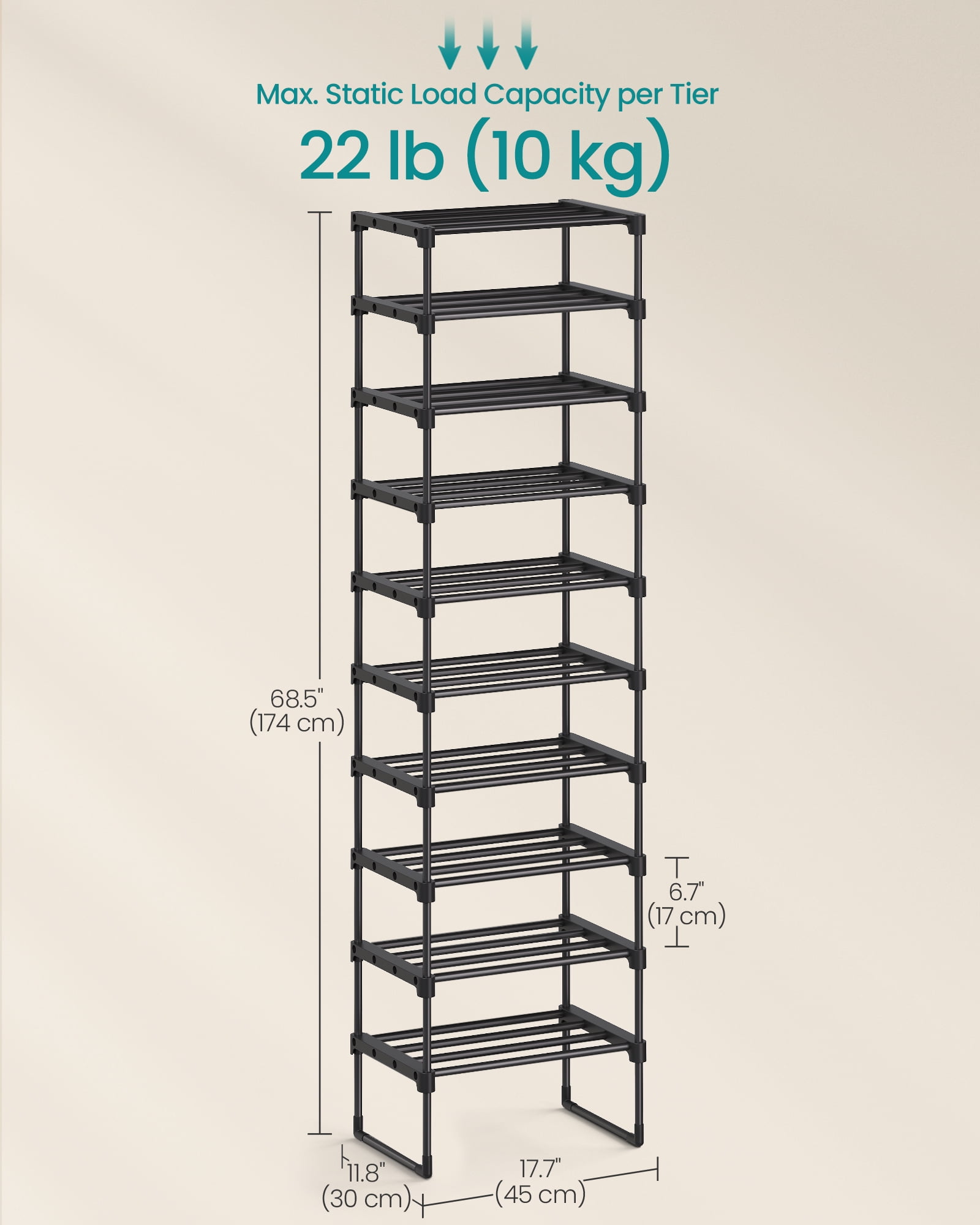 10-Tier Shoe Rack Organizer, Heavy-Duty Metal Storage Shelf, Upright/Upside Down Design for 11-22 Pairs, Space-Savingt, Tool-Free Assembly, Black