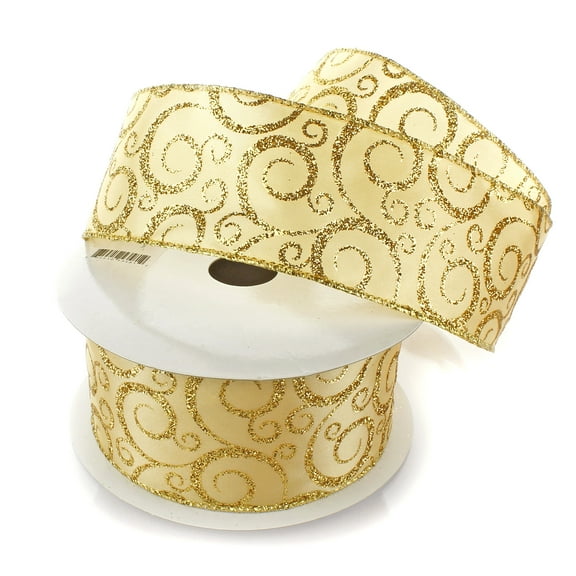 Ribbon Traditions Glitter Swirl Scrolls Wired Ribbon 2 1/2" by 10 Yards - Gold