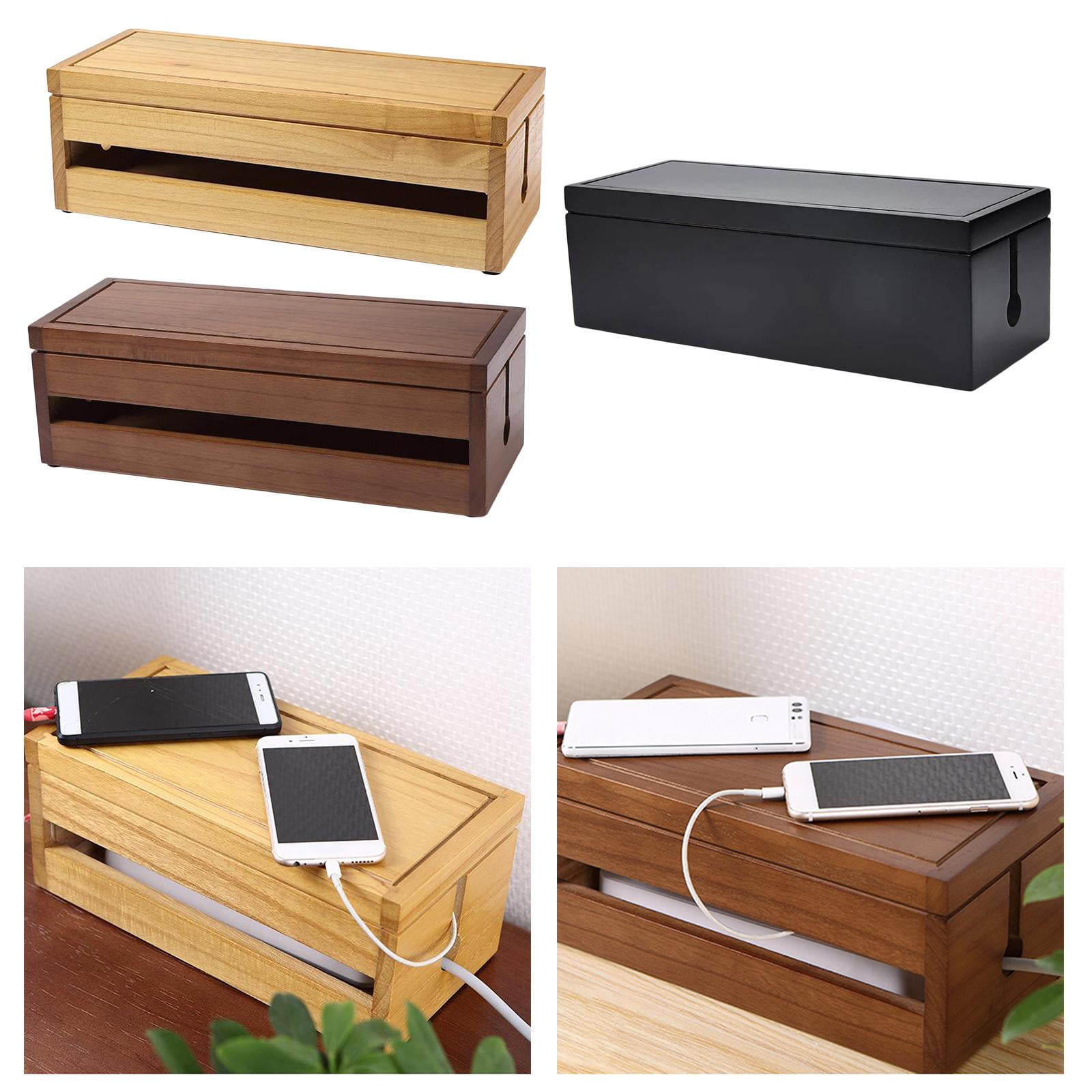 Fiocias Cable Management Box, 14.8x5.6x4.8 inch, Wooden Case, Cord Organizer for Desk TV Black