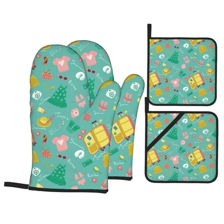 

Oven Mitts and Pot Holders 4 Piece Happy summer High Heat Slip Resistant Oven Mitt and Trivets Set Kitchen Oven Glove Pot Holders for Cooking Baking Grilling