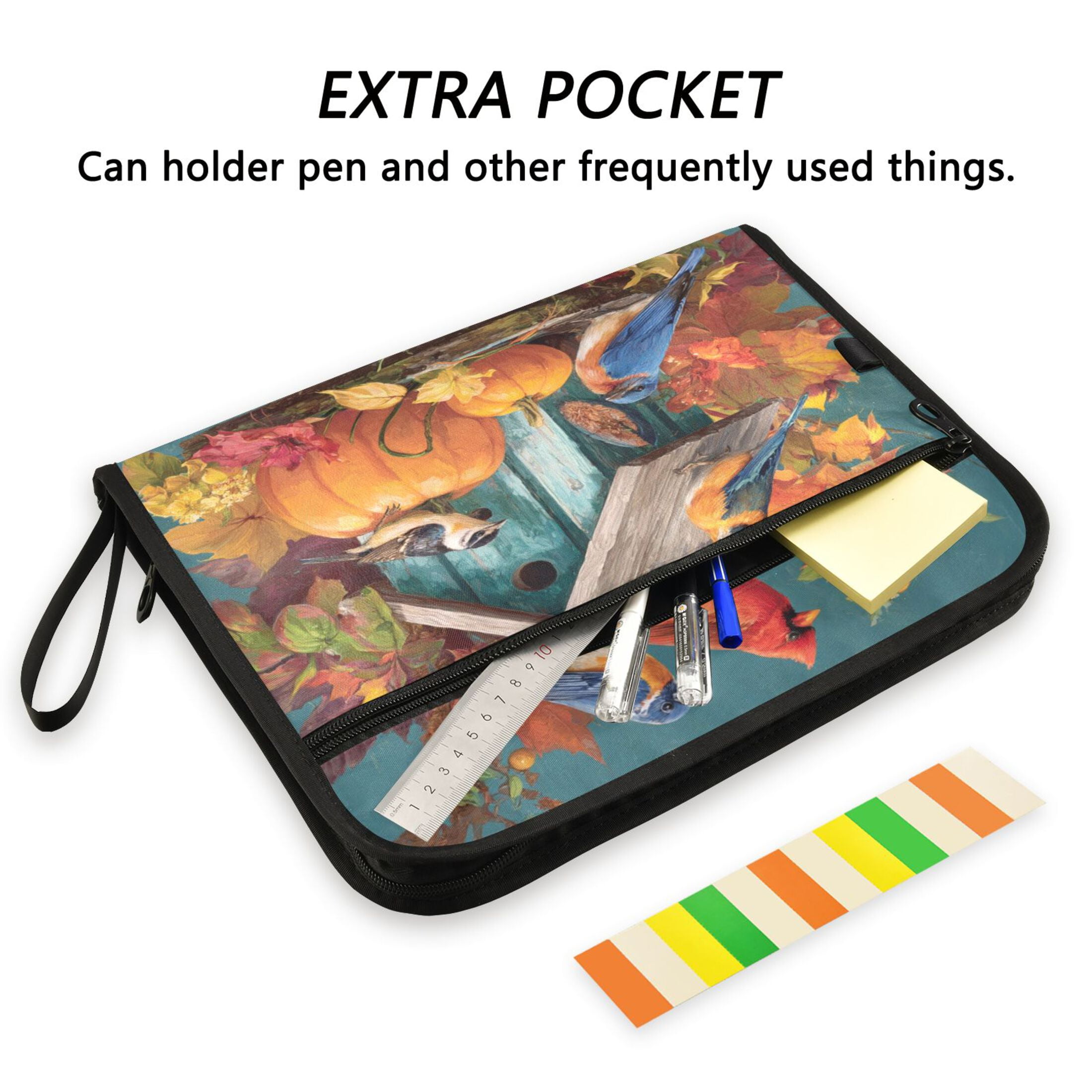 Accordion File Organizer with Zip Closure 13 Pockets Expanding File Folder Letter A4 Paper Document Organizer for Home Office Birdhouse and Colorful Birds
