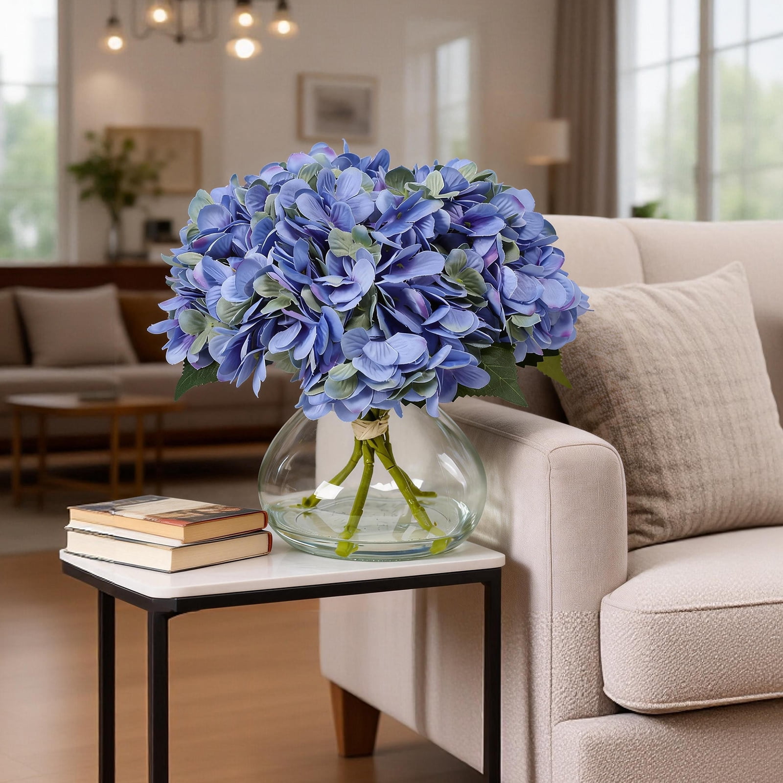 1PC Hydrangea Artificial Flowers-Hydrangea Artificial Flower Arrangement in Clear Glass Vase, Faux Hydrangea Bouquet with Realistic Water – Table Centerpiece for Home Decor,Blue