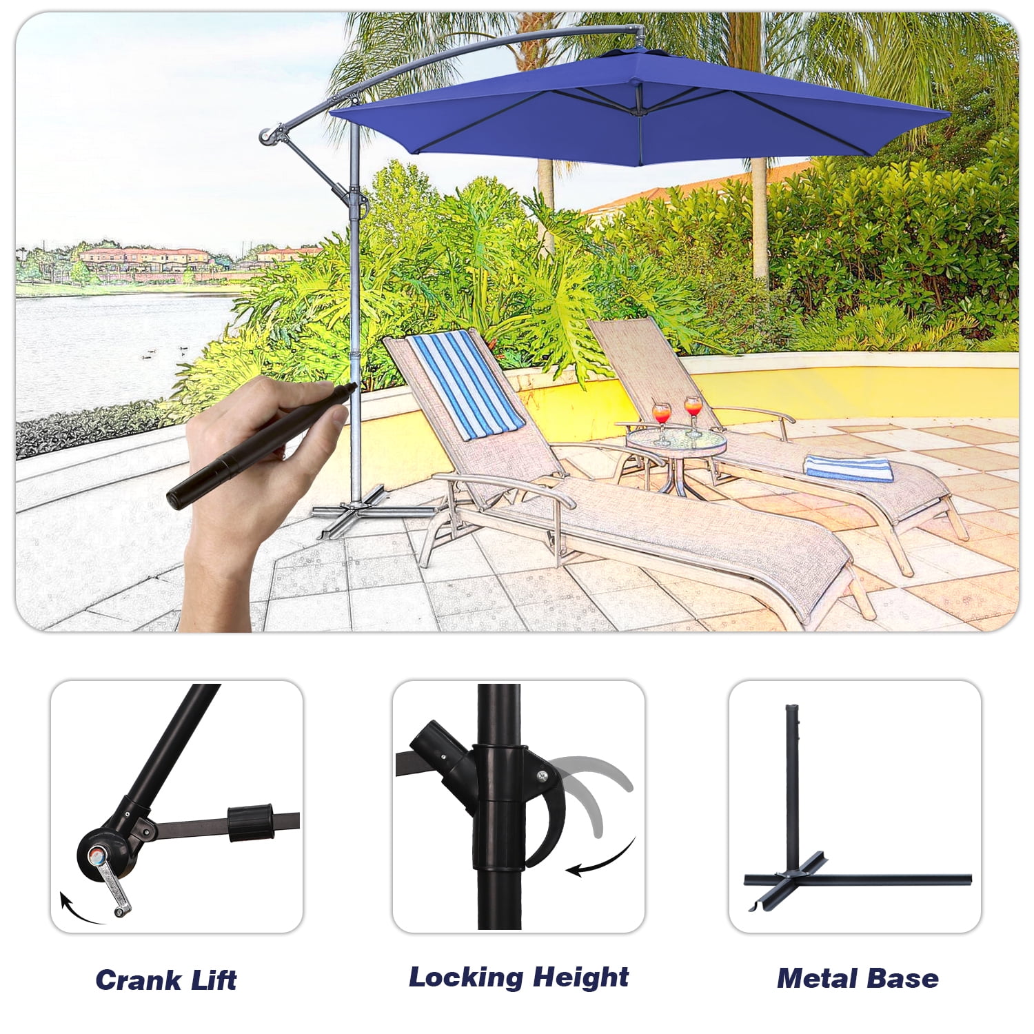 Devoko 10' Patio Offset Cantilever Umbrella Outdoor Market Hanging with Crank & Cross Base Dark Blue