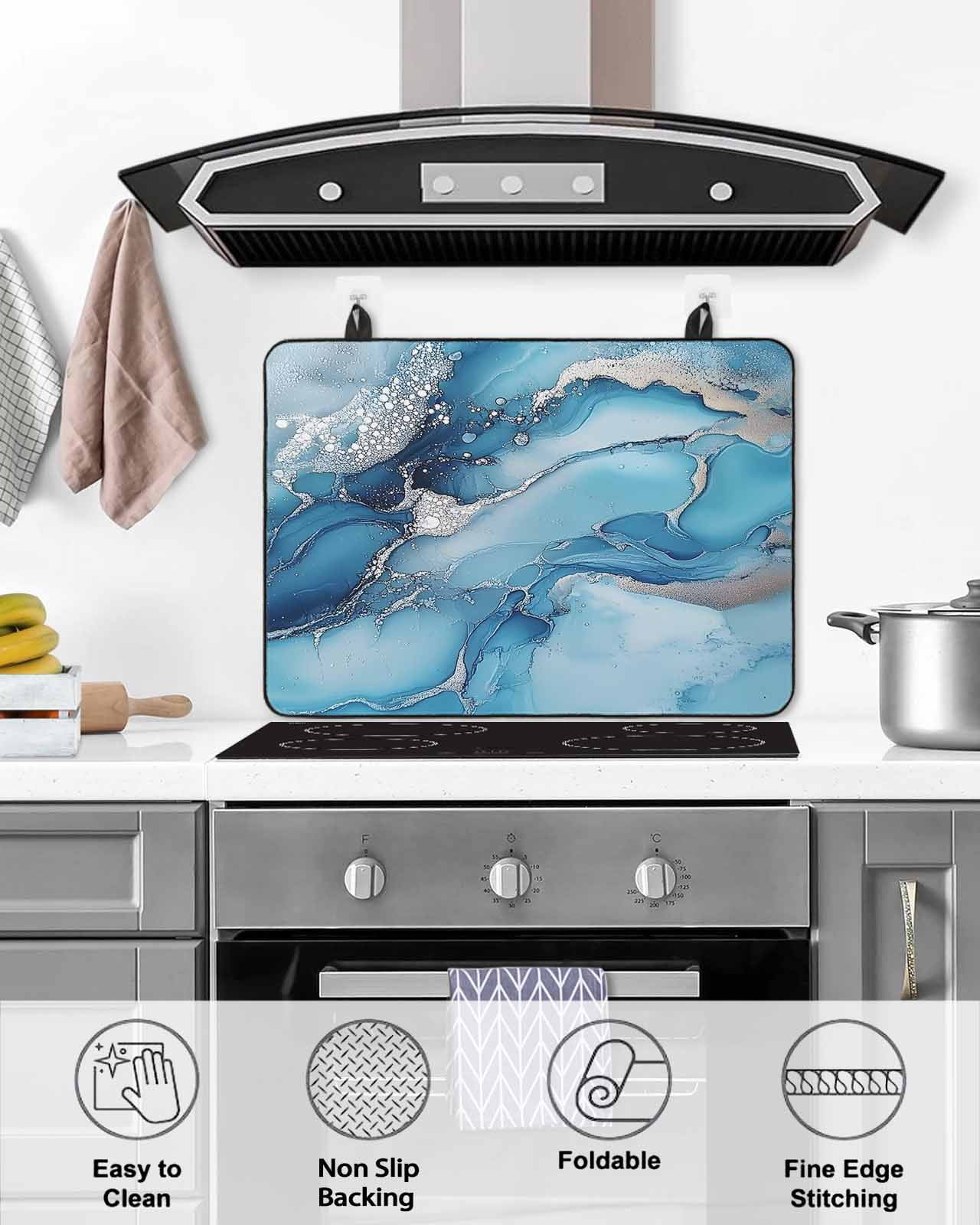 nqOlkjepod Large Induction Cooktop Protector Mat 24"x21", Blue Marble Stove Top Covers for Electric Stove, Grey Modern Aesthetic Artwork Decorative Stove Burner Cover Mats, Glass Top Stove Cover