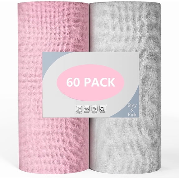 Tear-Away Paperless Paper Towels Roll, Microfiber Towels, 60 Sheet, 9.5'' x 9.5'', Ultra Absorbent, Scratch Free, Reuseable Washable Cloth for Home Kitchen and Car Cleaning