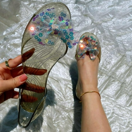 

Women Shoes Women Sandals Flat Sequin Shoes Jelly Fish Mouth Shoes Transparent Shoes Beige 7.5