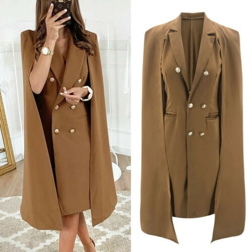 Women Elegant Bodycon Double Breasted Cape Blazer Cloak Dress Trench Duster Coat Longline Blazer Cape Coat Walmart