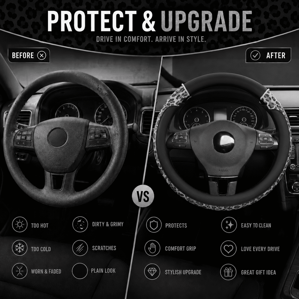 Auto Drive Steering Wheel Cover, Pink Leopard Print with Rhinestone Accents Steering Wheel Cover, Fashion Steering Wheel Cover,Non-Slip Grip, Universal Fit for Cars, SUVs & Truck,Gray