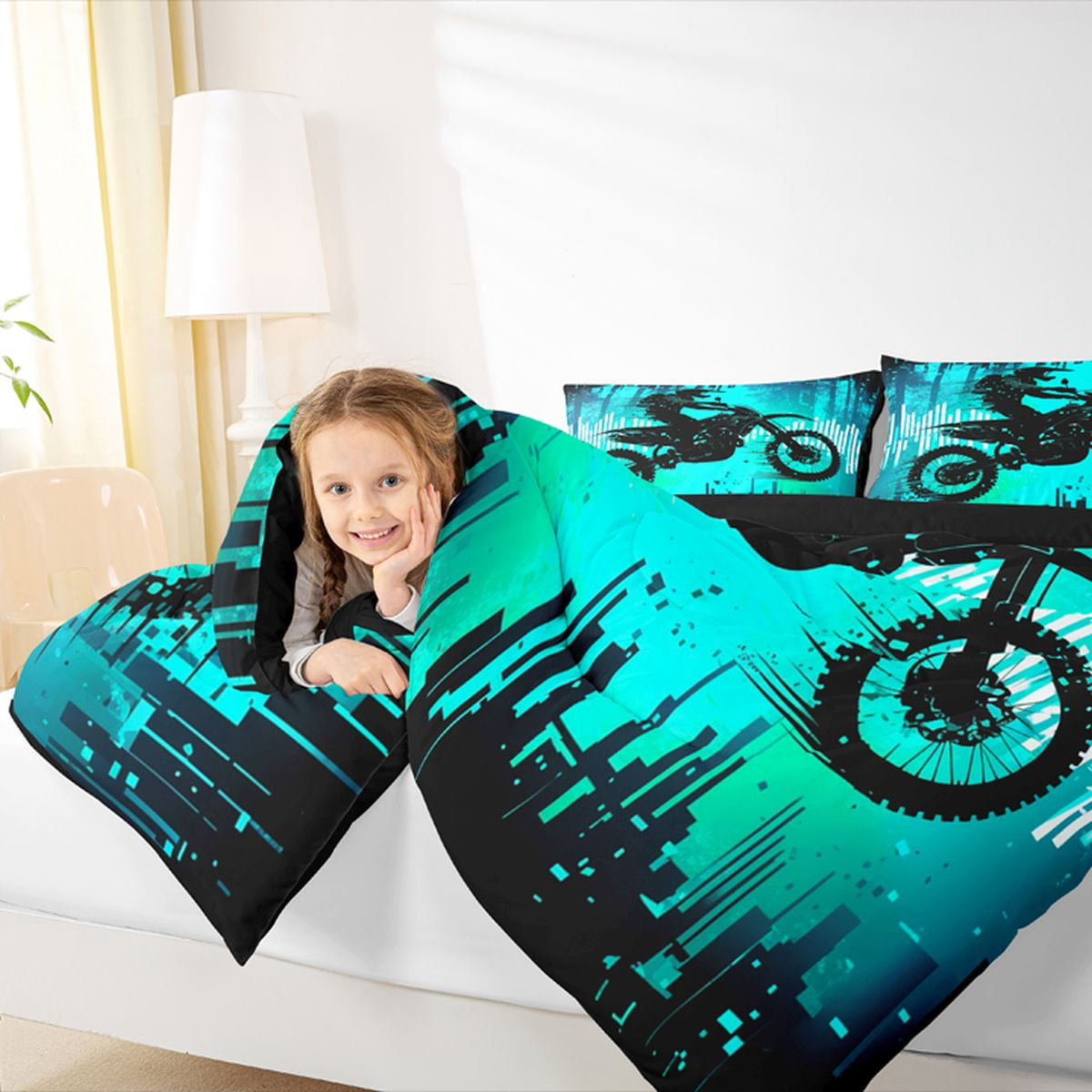 Feelyou Motorcycle Athlete Bedding Comforter Set for Boys, Dirt Bike Printed Twin Comforter Sets, Modern Extreme Sport Reversible Bedding Set, Lightweight Room Decor, 2-Piece