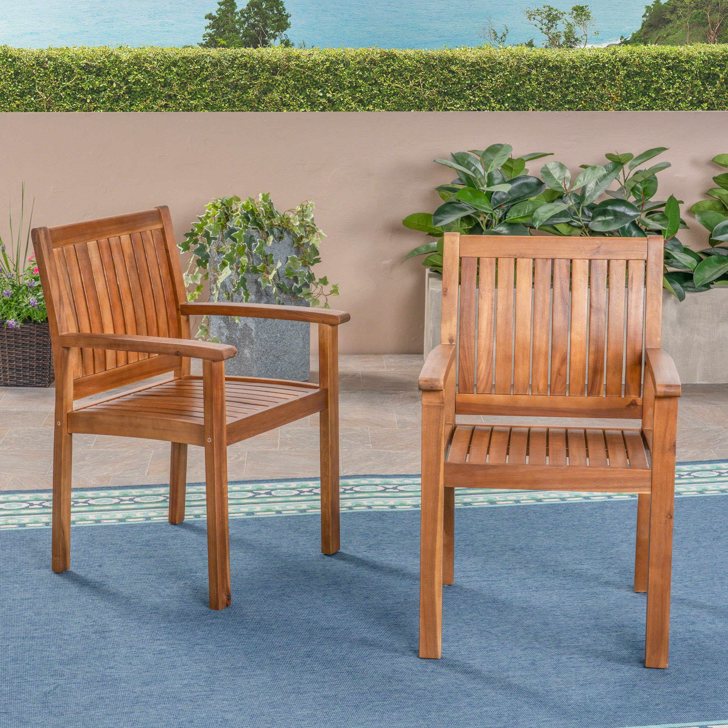 Outdoor Dining Chairs Set of 2 – Solid Acacia Wood Patio Armchairs with Slatted Back & Seat, Weather-Resistant for Backyard, Garden or Poolside