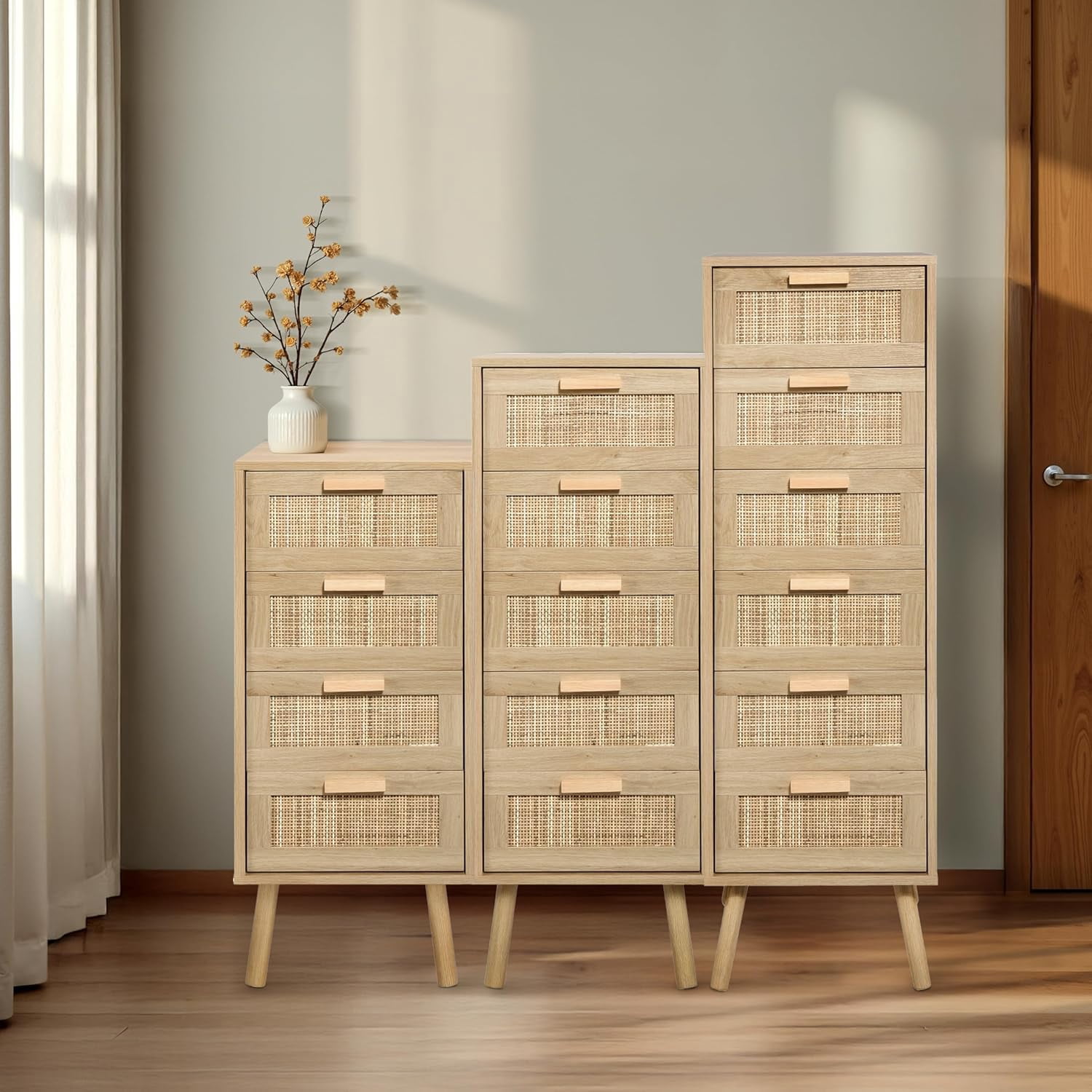 Finnhomy Rattan Tall Dresser with 6 Drawers, Natural