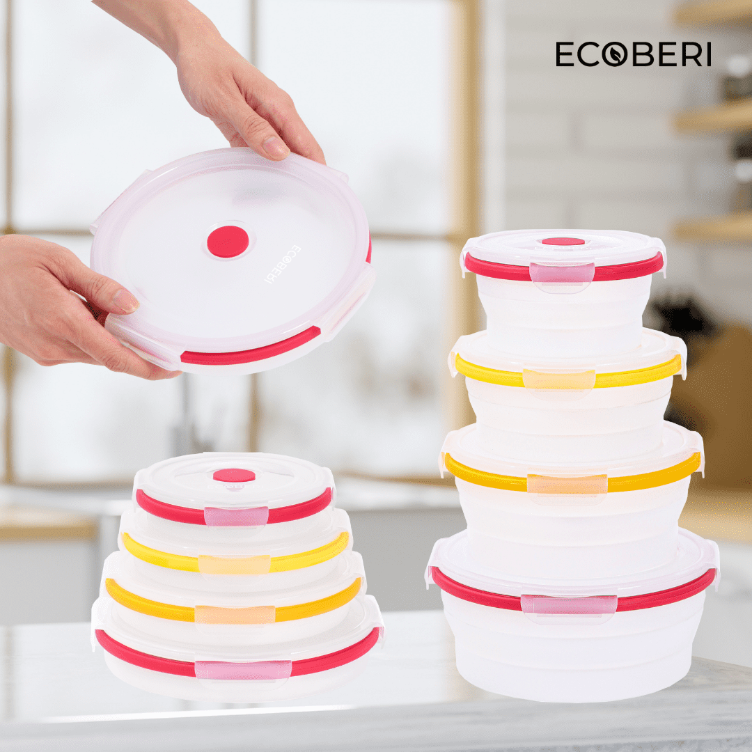 Ecoberi Collapsible Food Storage Containers, Airtight Snap-Top Lid, BPA Free Silicone, Microwave and Dishwasher Safe, Pack of 4