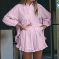 thumbnail image 6 of Women 2 Piece Outfits Long Sleeve Button Down Blouse and Shorts Sets Pink S, 6 of 9
