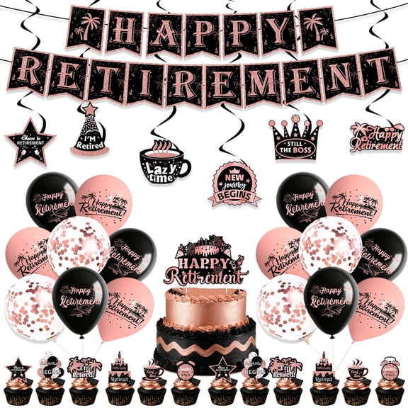 50PCS Happy Retirement Party Decorations Set, Black and Rose Gold Banner, Hanging Swirls, Balloons and Cake Toppers for Men Women