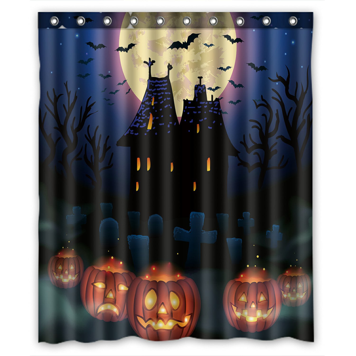 Halloween Witch Hat Pumpkin Owl Bathroom Waterproof Fabric Shower Curtain Set 